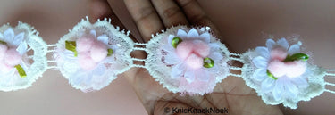 Off White Cotton Embroidery And Fabric Flower Trim With Satin Green Leaves And Pink Pompom, Approx. 40mm - 200317L33